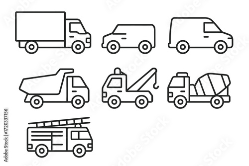 Simple outline icons of various utility and commercial vehicles