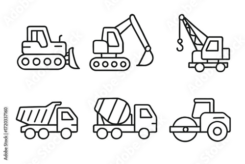 Outline icons of construction vehicles: bulldozer, excavator, crane, dump truck, concrete mixer, roller