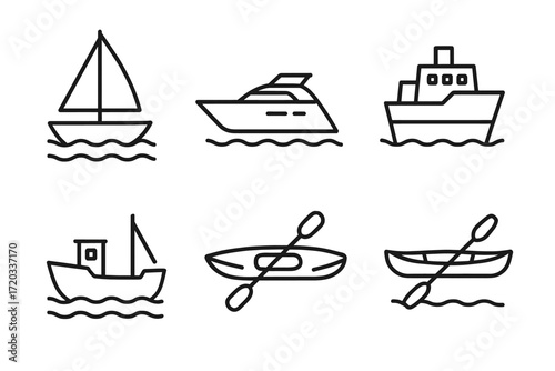 Set of nautical icons: sailboat, yacht, cruise ship, fishing boat, canoe, kayak