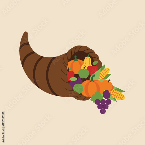 Horn of plenty overflowing with fruit and vegetables on cream background