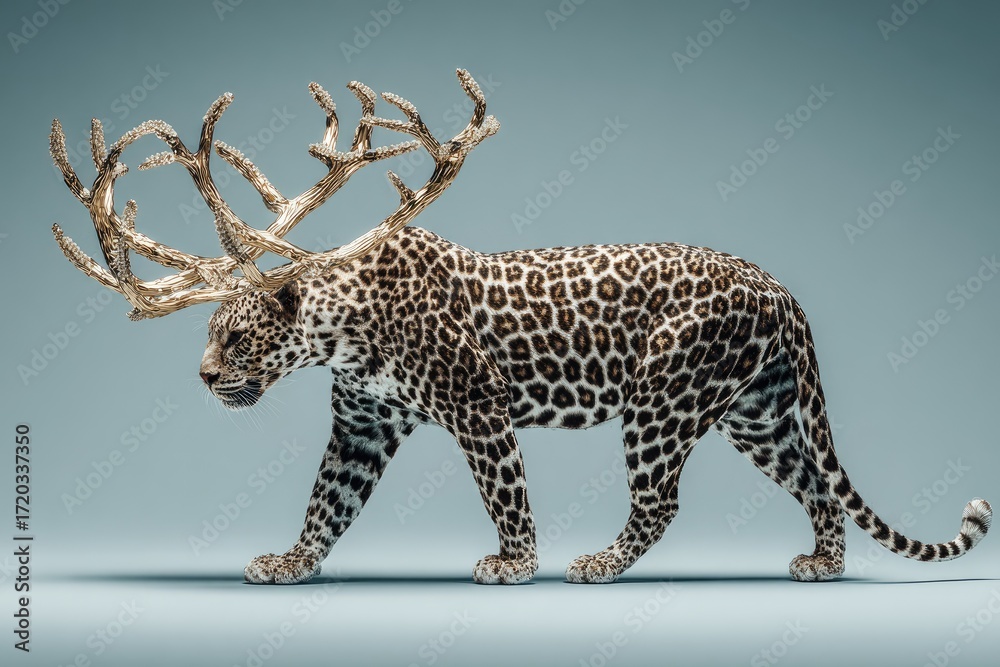 Obraz premium Surreal Wildlife: Majestic Leopard with Stag Antlers on Blue Background