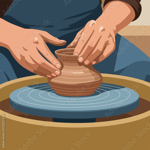 Pottery wheel with hands shaping clay pot in flat style