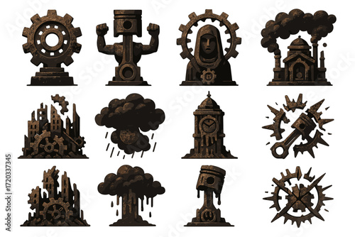 Steampunk icon set: gears, machines, buildings, and clocks in a retro-futuristic style
