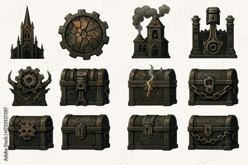 Steampunk-inspired buildings and treasure chests with gears and chains