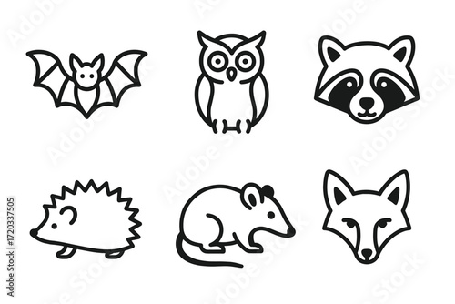 Outline illustrations of bat, owl, raccoon, hedgehog, mouse, fox