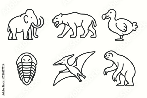 Extinct animal icons featuring mammoth, saber-toothed tiger, dodo, trilobite, pterodactyl, sloth