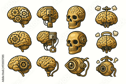 Set of steampunk brain and skull illustrations with gears and mechanical elements