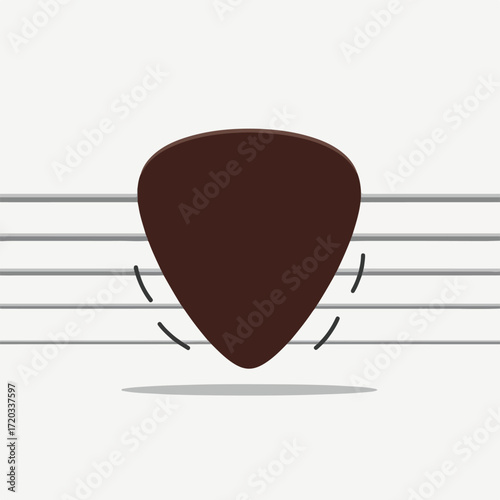 Guitar pick hovers above strings with motion lines, casting a shadow