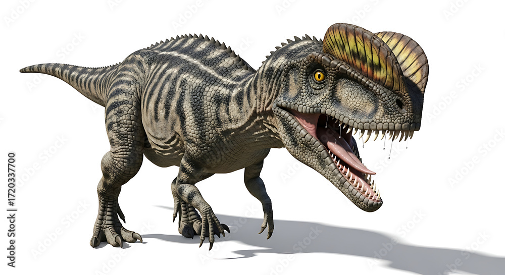 Fototapeta premium A detailed illustration of a Dilophosaurus dinosaur, with its distinctive crests and menacing expression. This image showcases the prehistoric creature's features in a photorealistic manner. 