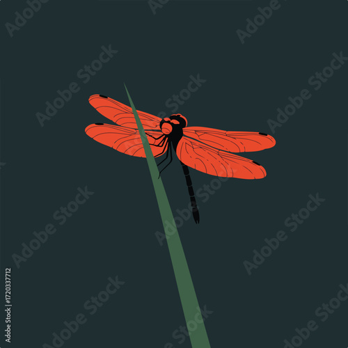 Stylized red dragonfly clinging to a green reed against a dark teal background