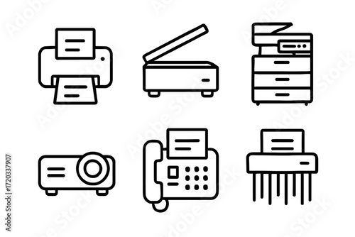 Office equipment icons: printer, scanner, copier, projector, fax, shredder