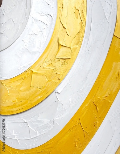 Abstract circular artwork with textured white and gold concentric bands