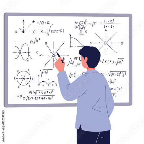 Professor writing complex equations on a whiteboard, facing away