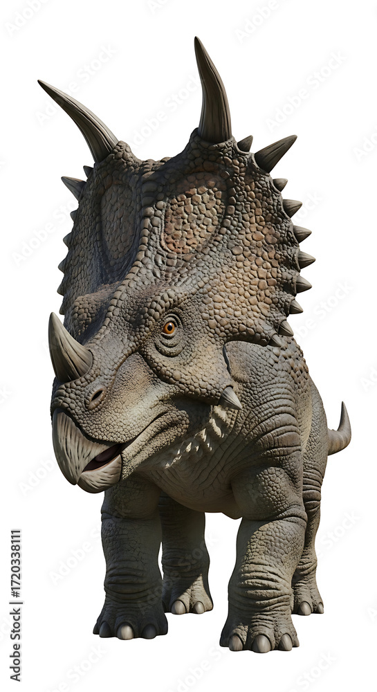 Fototapeta premium A detailed and realistic portrayal of a Centrosaurus dinosaur, captured in a frontal shot, exhibiting intricate skin textures and the iconic bony frill and horns.
