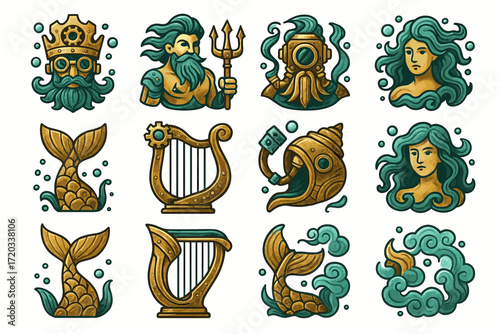 Mythical sea icons: neptune, mermaids, nautical instruments, ocean elements