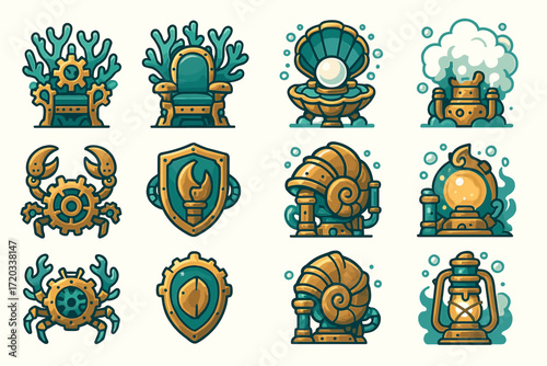 Nautical steampunk icons: thrones, shells, crabs, shields, lanterns