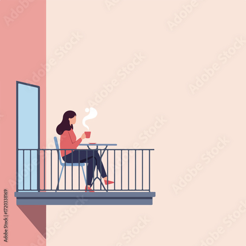 Woman sits on a balcony sipping hot drink, modern illustration in pastel colors