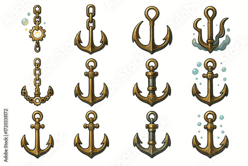 Collection of twelve detailed nautical metal anchors with varied designs