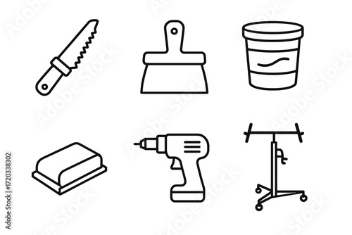 Outline icons of tools and equipment: saw, brush, paint bucket, sandpaper, drill, iv stand
