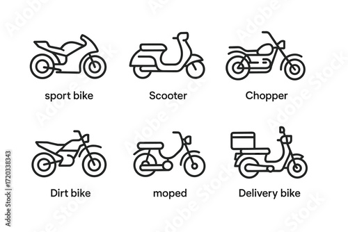 Motorcycle types: sport, scooter, chopper, dirt bike, moped, delivery bike icons