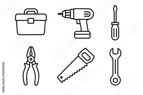 Collection of hand tools outline: toolbox, drill, screwdriver, pliers, saw, wrench