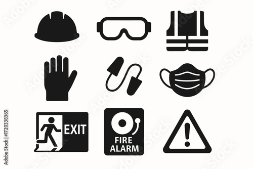 Essential safety icons: helmet, goggles, vest, gloves, earplugs, mask, exit, fire alarm, warning