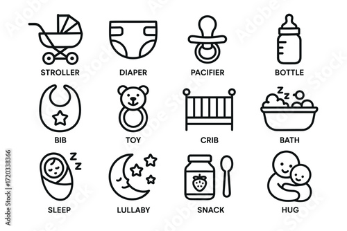 Baby essentials icons: stroller, diaper, pacifier, bottle, bib, toy, crib, bath, sleep, lullaby, snack, hug