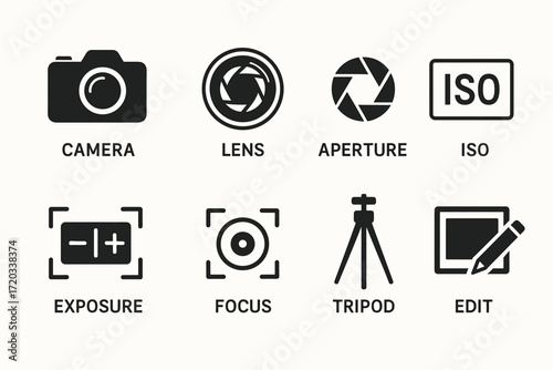 Photography equipment icons: camera, lens, aperture, iso, exposure, focus, tripod, edit