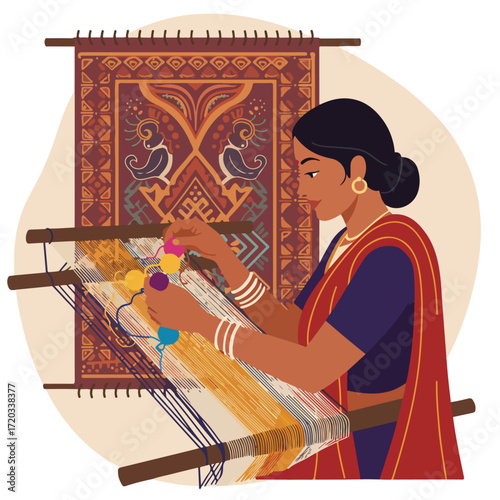Woman weaving textile on loom, ornamented rug behind