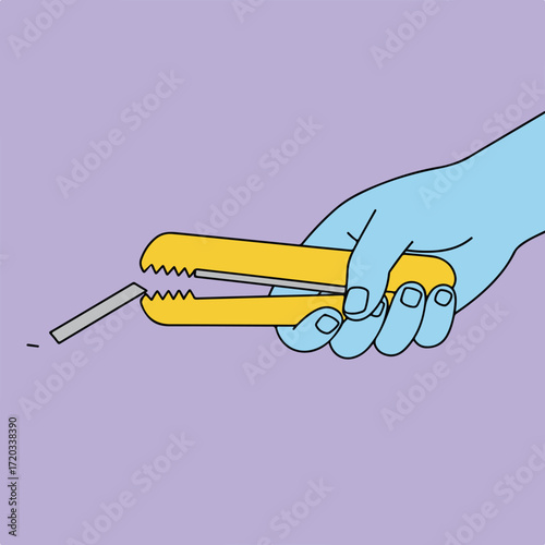 Blue hand holds yellow wire cutter on lavender background, cutting grey wire