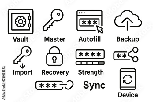 Password management icons: vault, key, sync, device, backup, and security illustrations