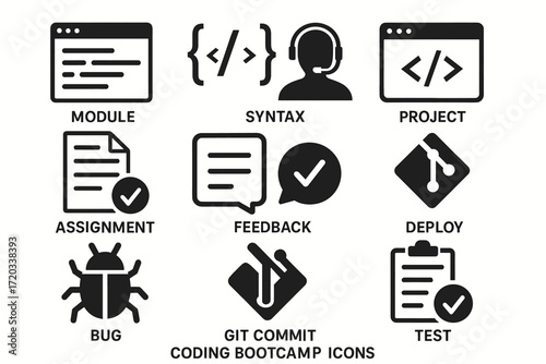 Coding bootcamp icons for module, syntax, project, and more