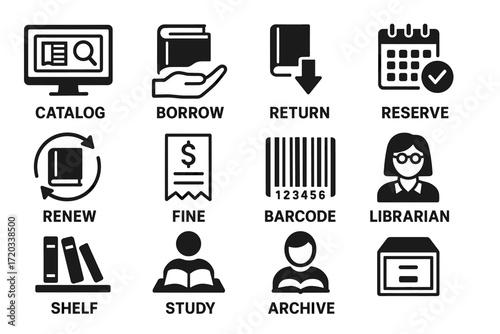 Library icons: catalog, borrow, return, reserve, renew, fine, barcode, librarian, archive, study