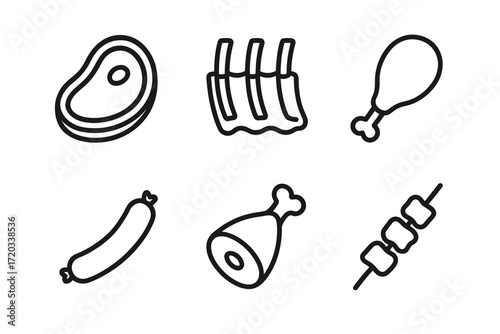 Assorted meat icons: steak, ribs, drumstick, sausage, ham, skewers in outline style