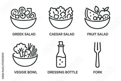 Line art icons of greek, caesar, fruit salads, veggie bowl, dressing bottle, and fork