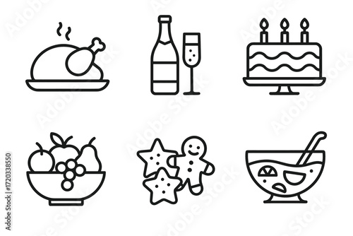 Food and celebration icons: chicken, champagne, cake, fruits, cookies, punch