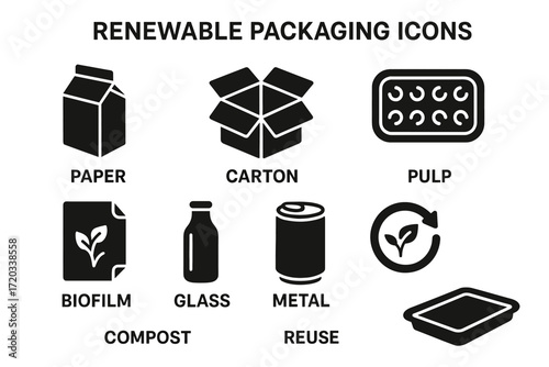 Renewable packaging icons for eco-friendly materials: paper, carton, pulp, biofilm, glass, metal, compost, reuse