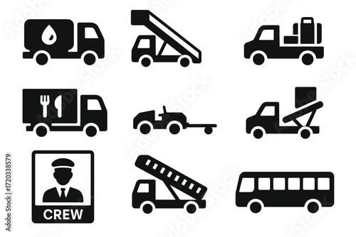 Collection of airport ground support vehicle icons in black and white