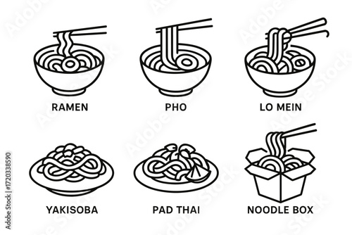 Various noodle dishes: ramen, pho, lo mein, yakisoba, pad thai, noodle box illustrations
