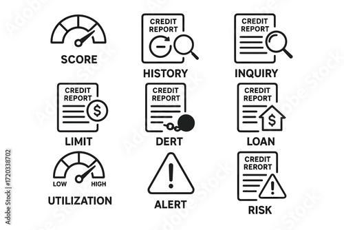 Credit report icons: score, history, inquiry, limit, loan, utilization, alert, risk indicators