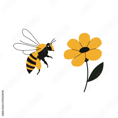 Striped bee approaching yellow flower with stem and leaf, isolated