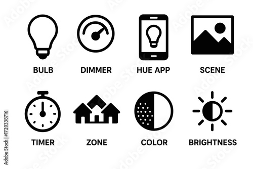 Smart home icon set: bulb, dimmer, app, scene, timer, zone, color, brightness controls