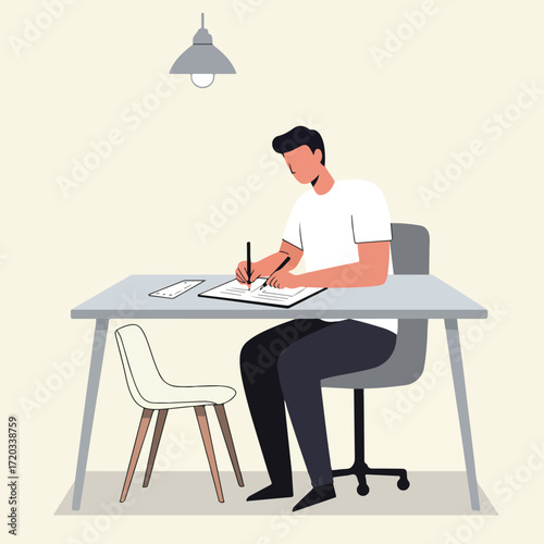 Focused individual writing at a desk under a lamp in a simple, modern style