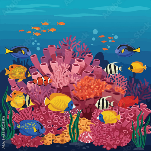 Colorful coral reef teeming with various tropical fish in a vibrant underwater scene