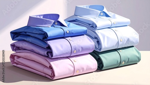 Close-up showcasing stacks of neatly folded, vibrant-colored, button-down shirts. Each shirt has a crisp collar, displaying a spectrum of hues