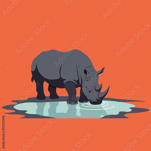 Illustration of rhino drinking in a pond