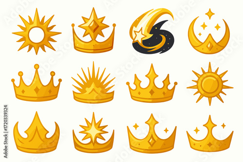 Collection of golden crowns and celestial symbols with stars and sun motifs