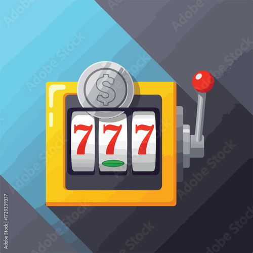 Cartoon slot machine with triple sevens, a coin and a red handle, on abstract background