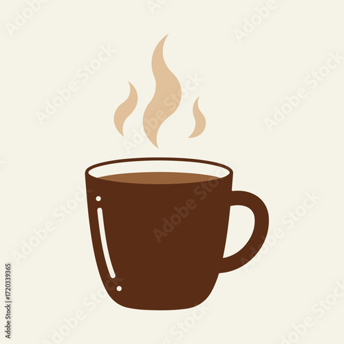 Brown mug with steaming drink on a cream background, flat illustration