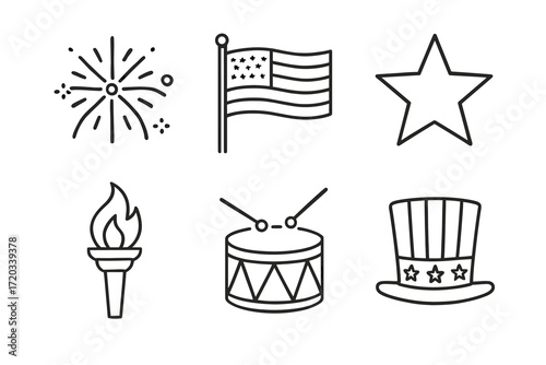 Patriotic symbols: firework, us flag, star, torch, drum, uncle sam hat icons